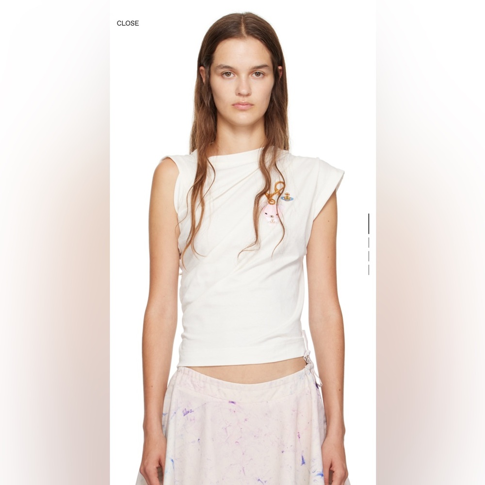 Vivienne Westwood White Asymmetric Shoulder Tank Top with Embroidered Orb